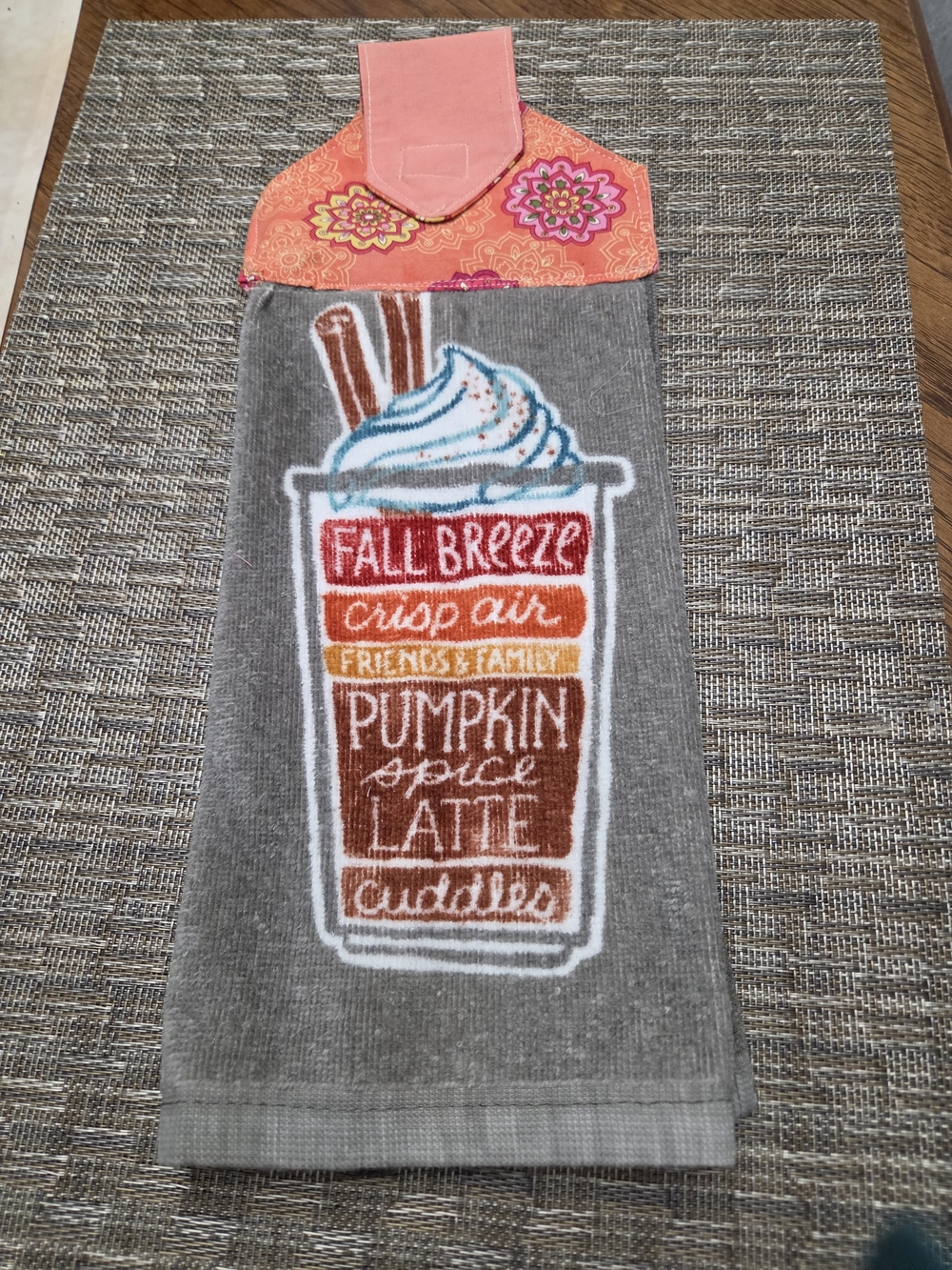 Pumpkin Spice Latte Hanging Kitchen Towel - Gray & Orange - Picture 4 of 4